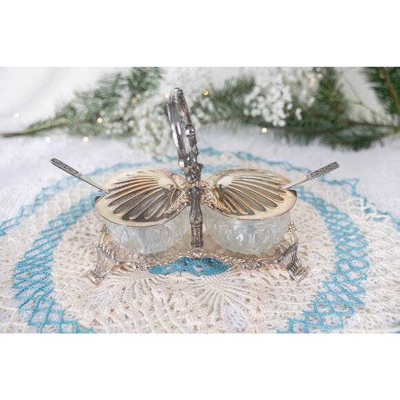 Vintage Hugo Silver Plated Shell Condiment Dish 6" Tall with spoons - Picture 6 of 10
